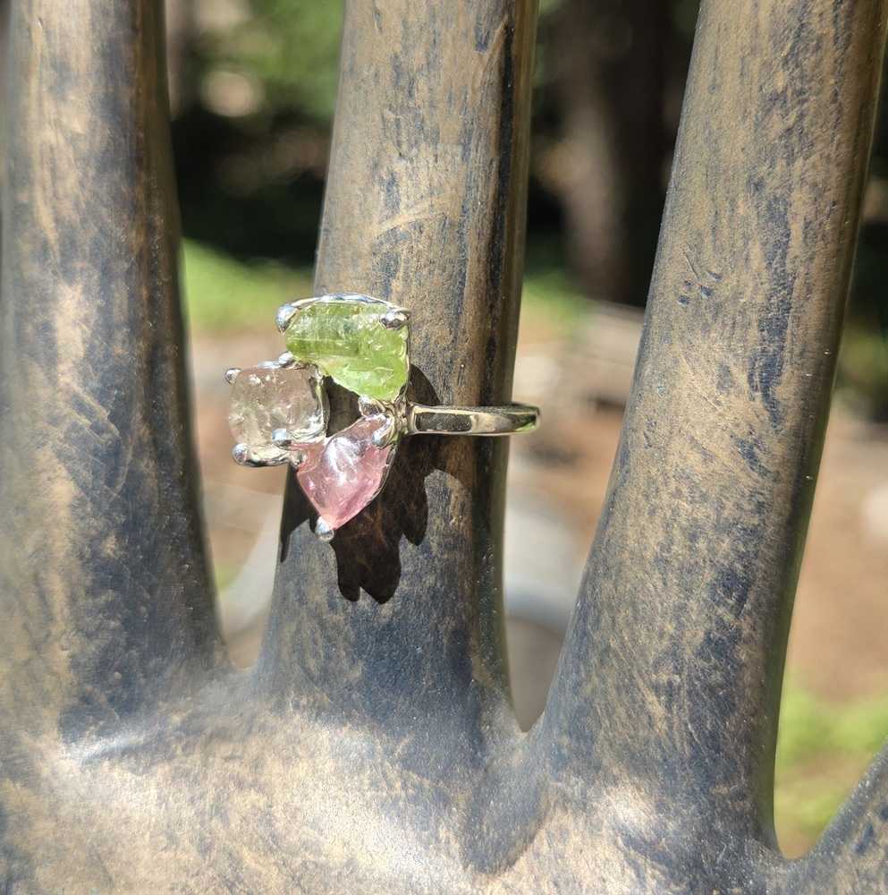 Green & Pink Tourmaline Triade Gemstone Sterling Ring Sz7.75 - Picture 3 of 8